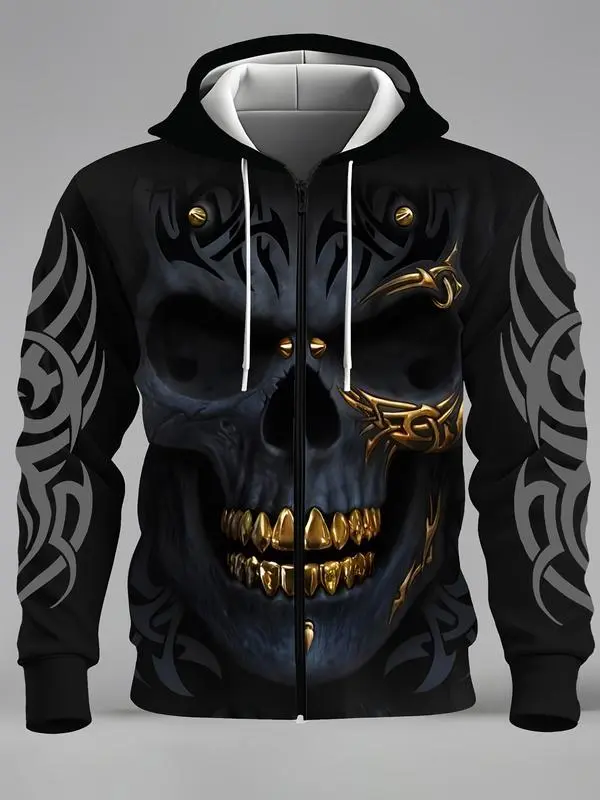 Men's Gothic 3D Skull Skeleton Graphic Zip-Up Hoodie - Fashionable Casual Long-Sleeve Streetwear Top with Zipper Pocket, Ideal for Party Wear