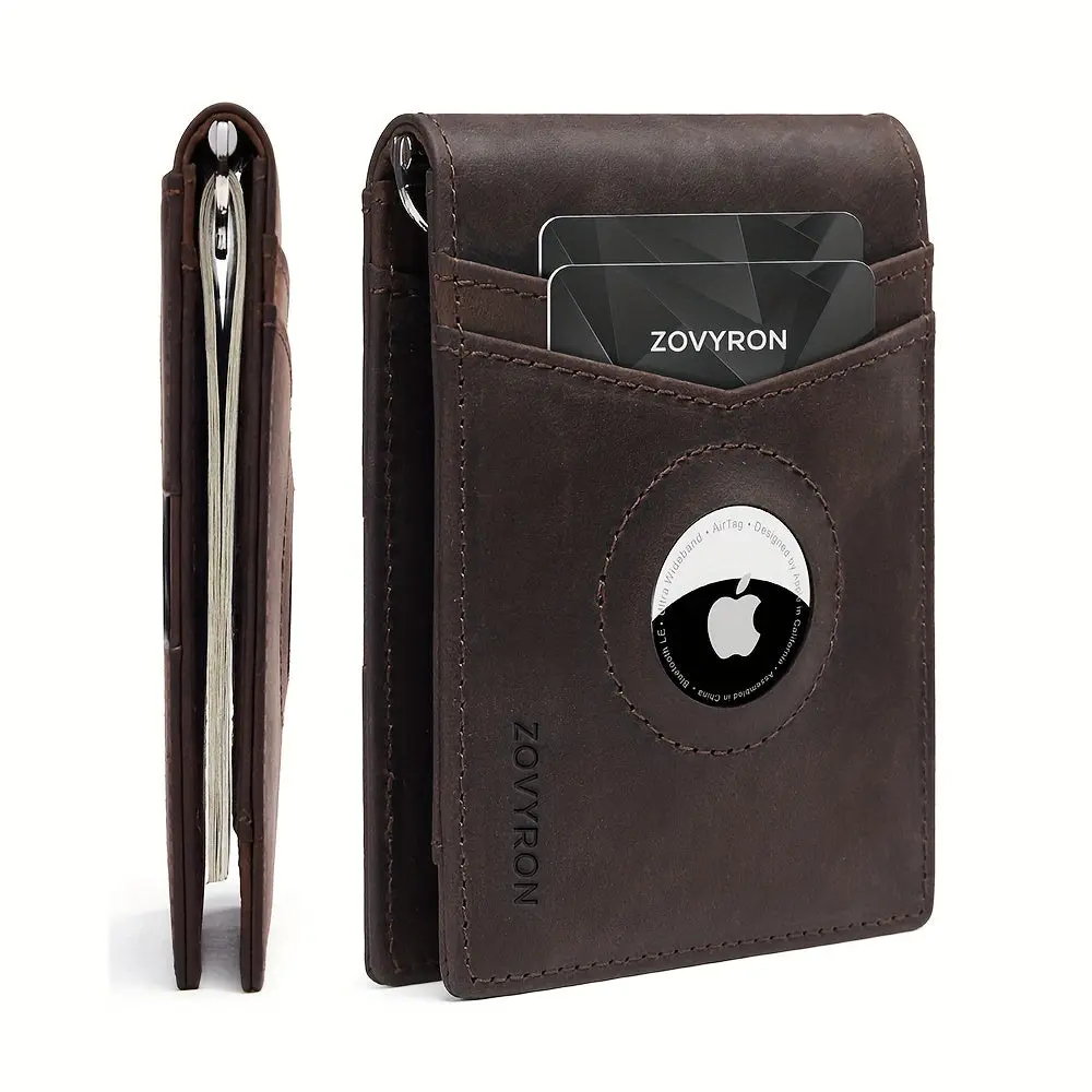 Minimalist Wallet for Men, Genuine Leather Slim Bifold with RFID Blocking, AirTag Holder and Money Clip