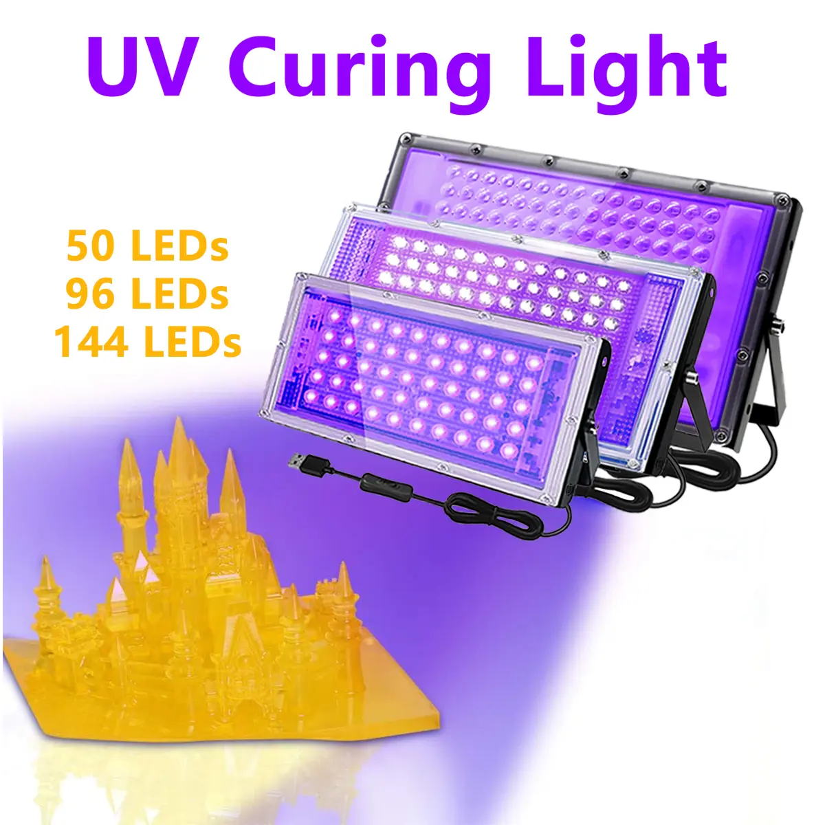 3D Printer UV Resin Curing Light with 50/96/144 LEDs,Solidify Photosensitive Resin,DIY Curing Enclosure,5V input, 1.5M USB Power cord.