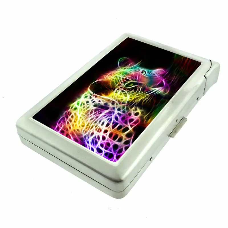 Neon Rainbow Cheetah 100's Sized Metal Case with Built in Lighter Wallet