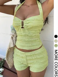 Women's Summer Vacation Textured Jacquard Tight Fitted Backless Halter Camisole Metal Button Top & Shorts Matching Set Outfit For Beach Holiday Valentine's Day