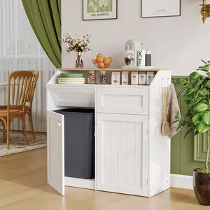 YATINEY Double Trash Cabinet, 20 Gallon Freestanding Trash Can Cabinet, Wooden Recycling with Flip Door, Hidden Kitchen Garbage Can, Laundry, for Kitchen, Laundry, White #SpringSale #BigSpringSale