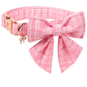 DOGWONG Pink Plaid Dog Collar with Bow Tie — Adjustable Sailor Bow Collar for Small, Medium & Large Girl Dogs