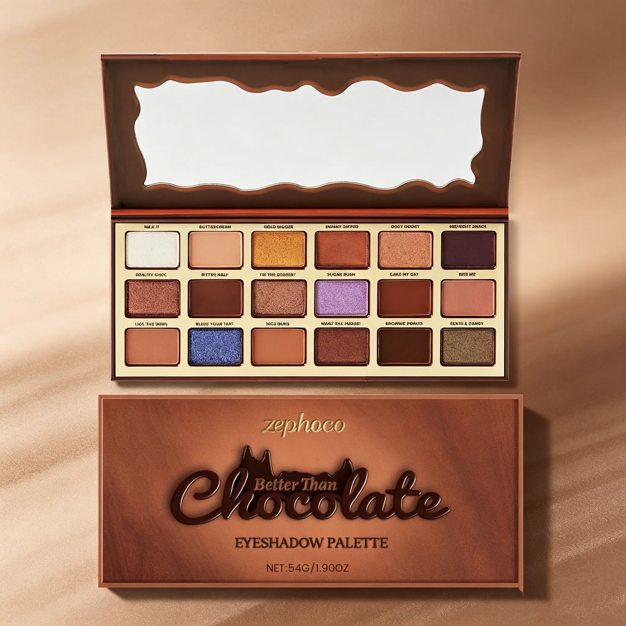Zephoco Luxury Chocolate-Style Eyeshadow Palette - Earth-Cool Tones, High Gloss, Lightweight, Highly Pigmented, Glitter, Long-Lasting, Built-In Mirror, Youth-Focused Practical Luxury Design, Daily & Party Use, All Skin Types, Makeup Products