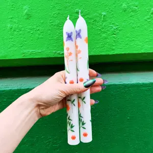 Set of 2 Boho Flowers Tapered Candle  | Aesthetic Unscented Table Decor Floral Candle Sticks