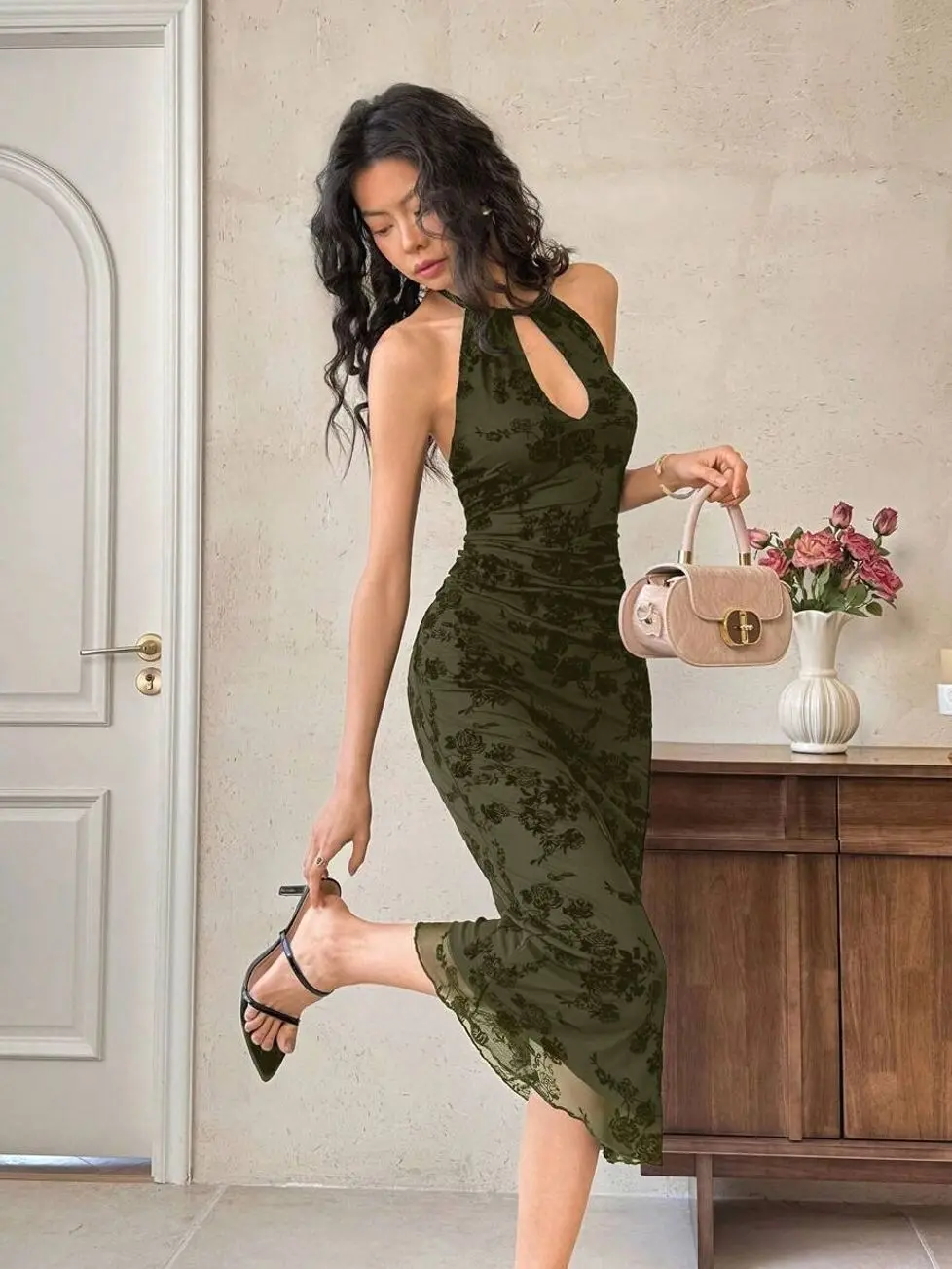 Women's Burgundy Halter Bodycon Midi Dress, Elegant Chinese Qipao Inspired Mid-Length Party Dress, Seductive Winter Outfit for Date Night, Wedding Guest, Birthday, Dinner & Special Events