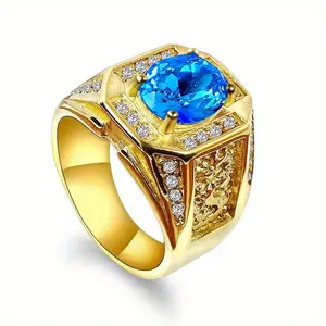 European & American Luxury Synthetic Zircon Stainless Steel Ring with Blue Gemstone for Men's Formal & Casual Wear