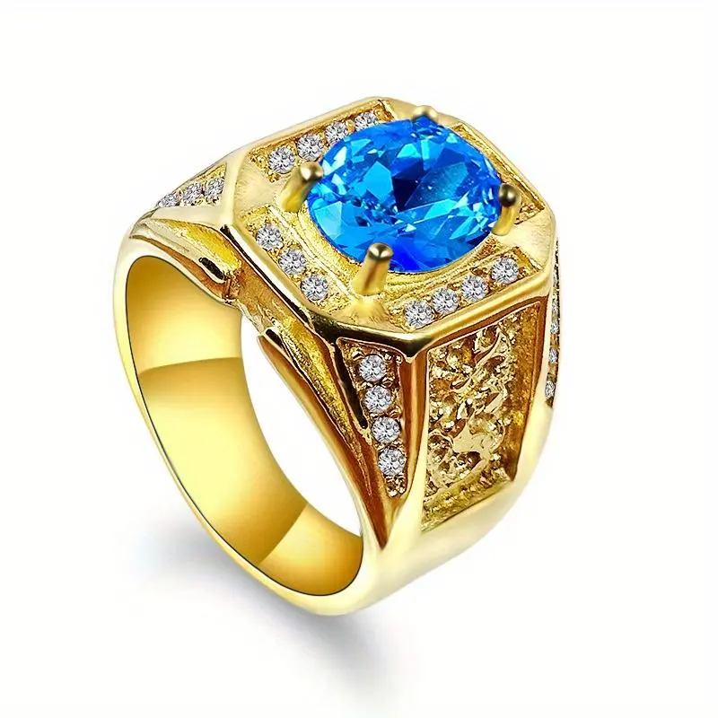 Men's European & American Luxury Synthetic Zircon Stainless Steel Blue Ring with Blue Gemstone for Formal & Casual Wear, Blue Rings
