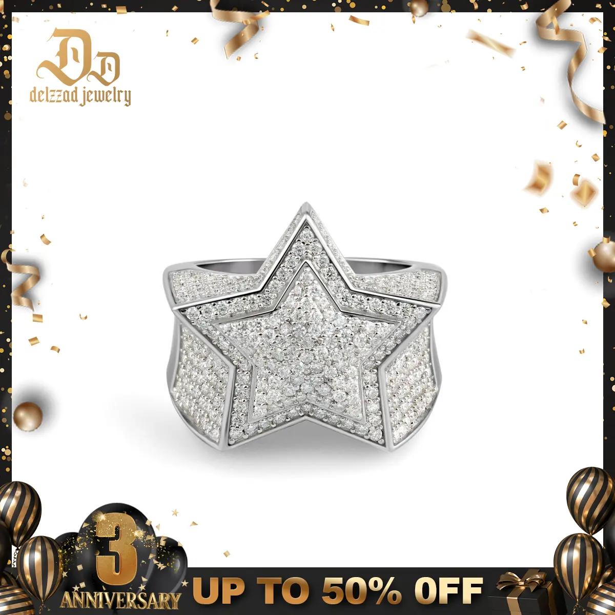 Delzzad S925 Bling Pentagram Ring Round VVS Synthetic Moissanite Unisex Hip Hop Iced Out Stars Ring Band Perfect for Any Occasion & Everyday Wear Birthday Anniversary Mother's Day Christmas Gifts for Men Women