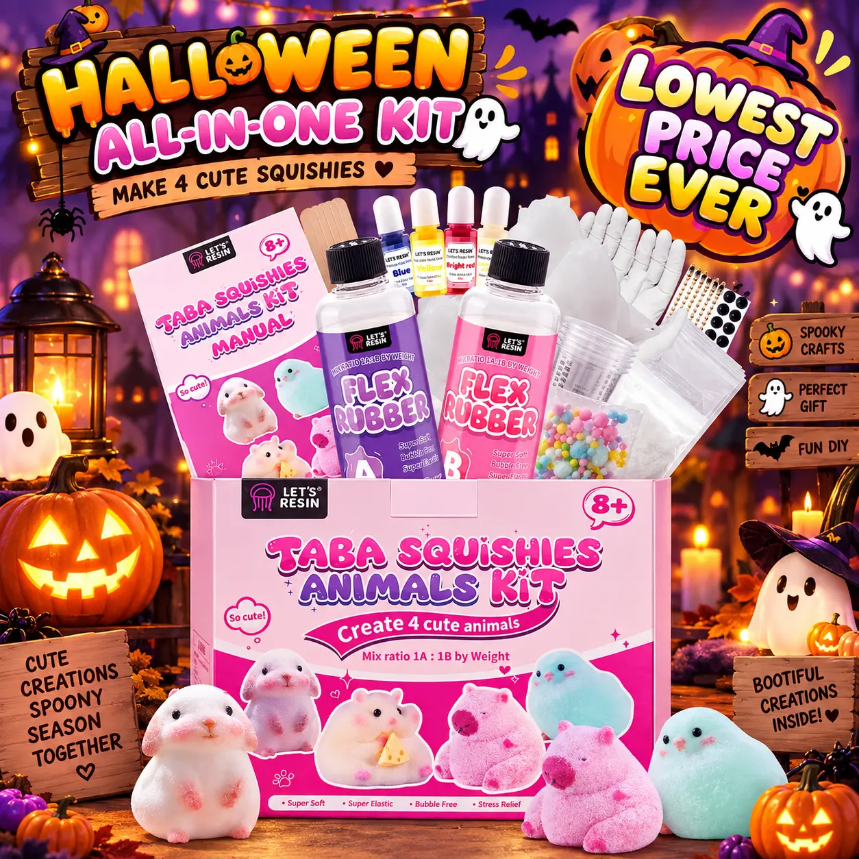 Squishy Making Kit, Halloween Taba DIY Set for Kids, 16 oz Flex Rubber Silicone Gel, Hamster, Capybara, Bunny & Chick Molds, Color Paste, Flocking Powder, Super Soft Sensory Craft Kit by LET'S RESIN