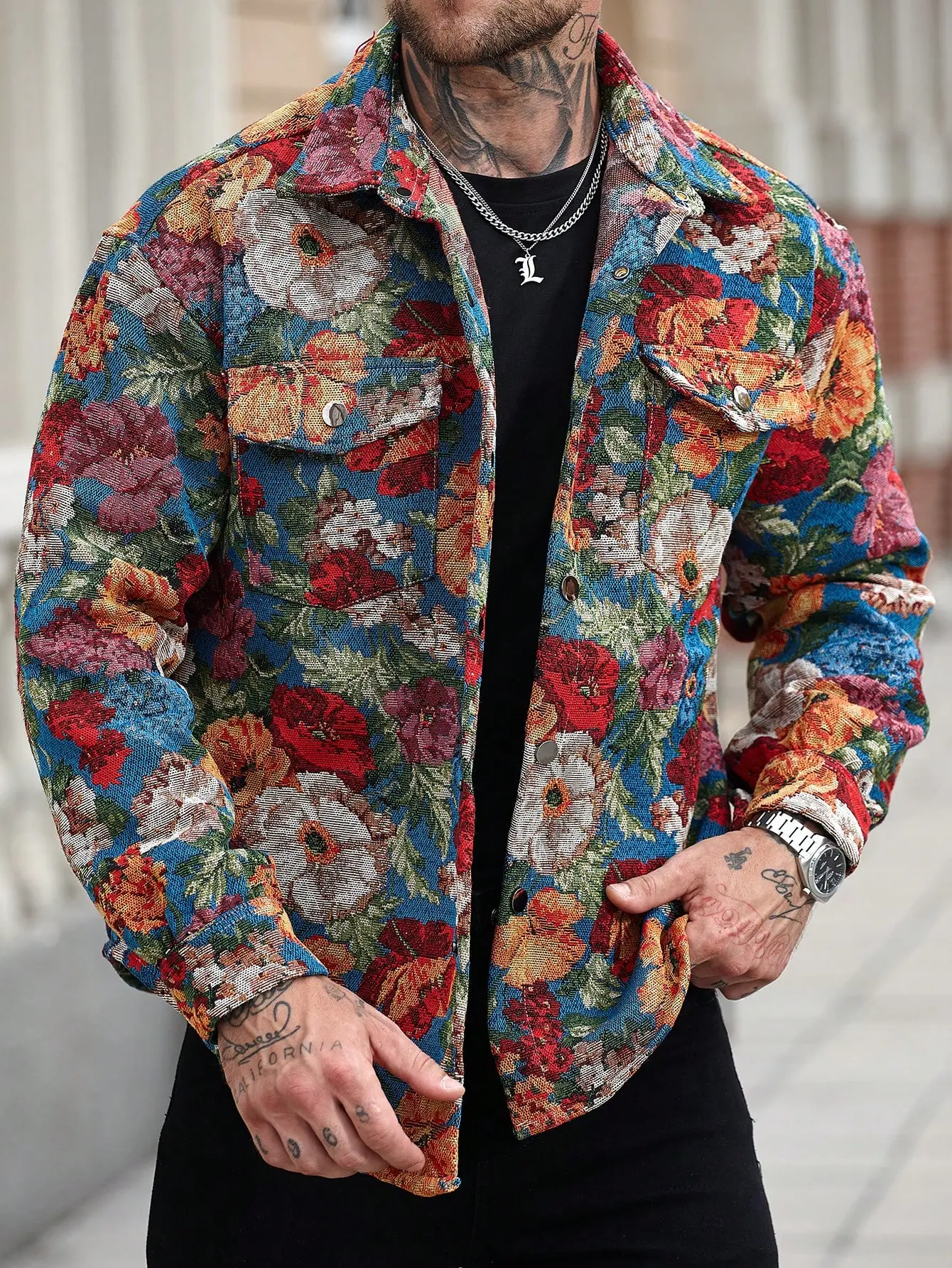 Men’s vintage floral jacquard turn-down collar jacket – trendy printed workwear-style top suitable for streetwear, parties, and everyday outings