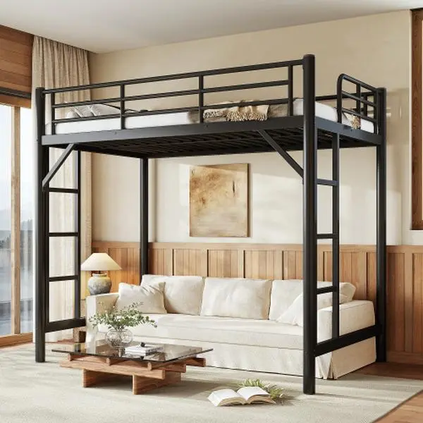 Black Round Tube Twin/Full/Queen Size Metal Loft Bed Frame - Noise-Reducing, Space-Saving, with Easy-Climbing Ladder & Guardrails for Teens, Adults, Twin Bed Frame