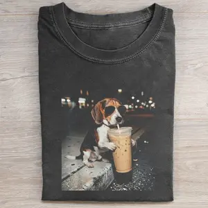Comfort Colors Funny Beagle Drinking Iced Coffee T-shirt, Vintage 90s Edgy Dog Meme Tee, Unisex Fit Design, Casual Streetwear, Gift for Dog Lovers
