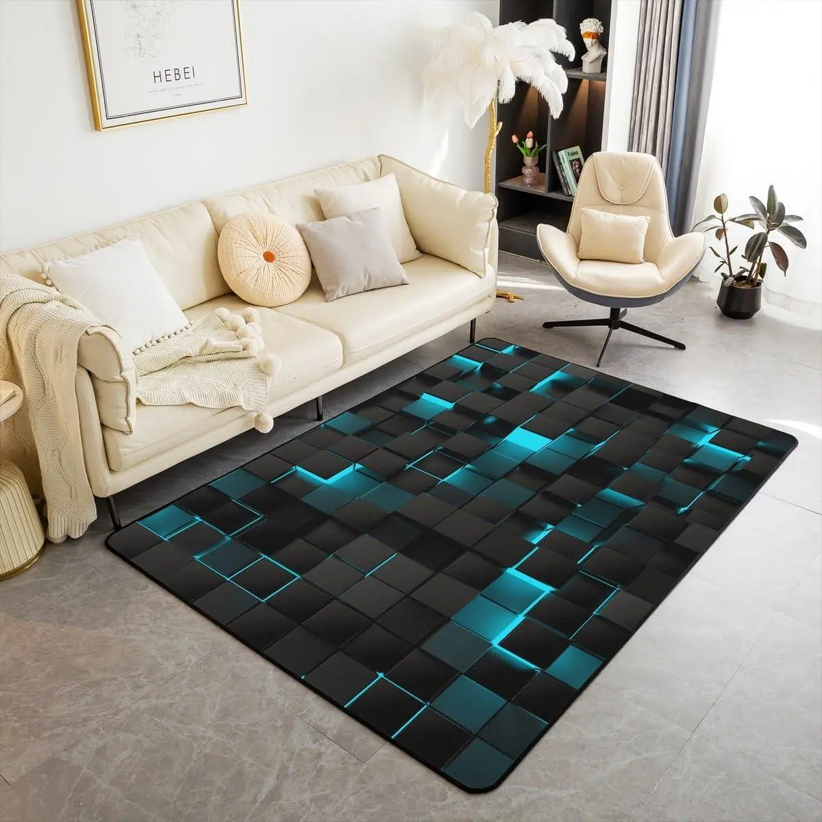 Teal Black Rug ,Neon Turquoise Geometric Check Area Rug Stereoscopic Abstract Plaid Grids Carpet Square Decorative Rug