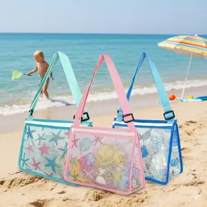 Portable Beach Toy Storage Mesh Bag with Zipper, Kids Shell Collecting Tote, Swim Gear & Picnic Organizer, Durable Breathable Outdoor Activity Toy Organizer for Boys Girls, Market Grocery Mesh Net Bag