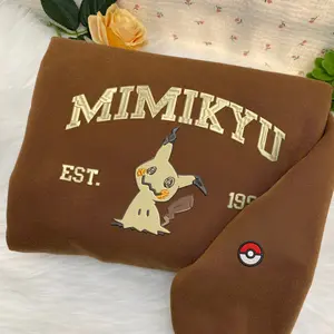 Pokemon Mimikyu Embroidered Sweatshirt, Mimikyu Anime Matching Emdroidery Sweatshirt, Full PKM Characters Collection Pullover Cotton Sweatshirt - Soft& Comfortable Sweater, Trendy Unisex Crewneck Sweater For Men And Women, Gamer Gifts