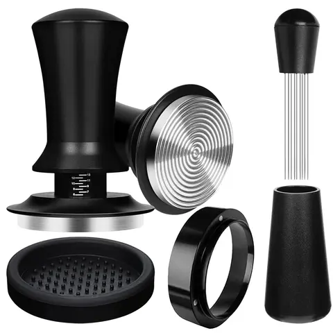 Coffee Tamper, Espresso Tamper, 1 Set Coffee Tamper with Silicone Hammer Pad & Tamper Ring & Powder Needle, Coffee Making Tool for Home Office Coffee Shop, Coffee Tools, Coffee Equipment, Coffee Accessories, Espresso Machine Accessories