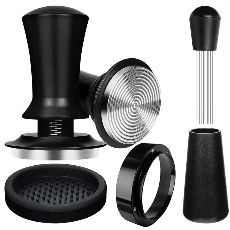 Coffee Tamper, Espresso Tamper, 1 Set Coffee Tamper with Silicone Hammer Pad & Tamper Ring & Powder Needle, Coffee Making Tool for Home Office Coffee Shop, Coffee Tools, Coffee Equipment, Coffee Accessories, Espresso Machine Accessories