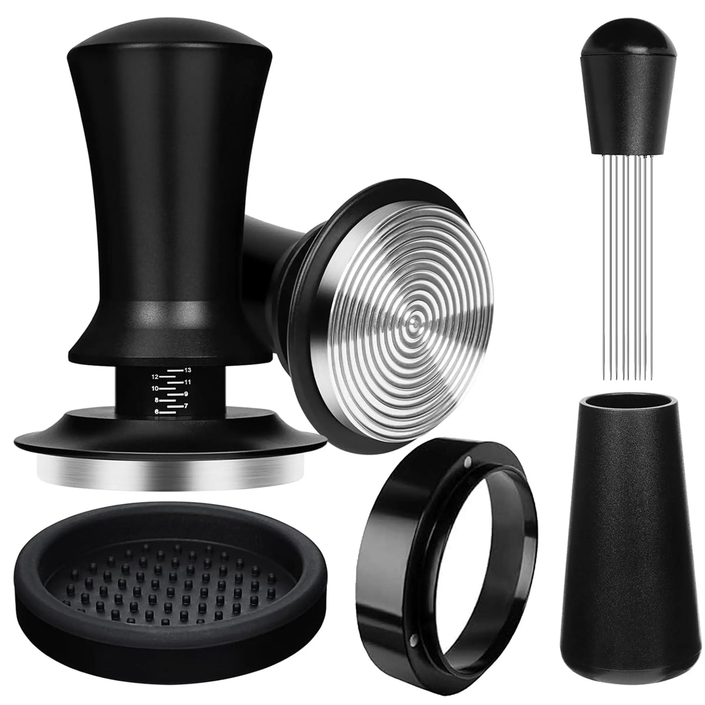 Coffee Tamper, 1 Set Coffee Tamper with Silicone Hammer Pad & Tamper Ring & Powder Needle, Coffee Making Tool for Home Office Coffee Shop