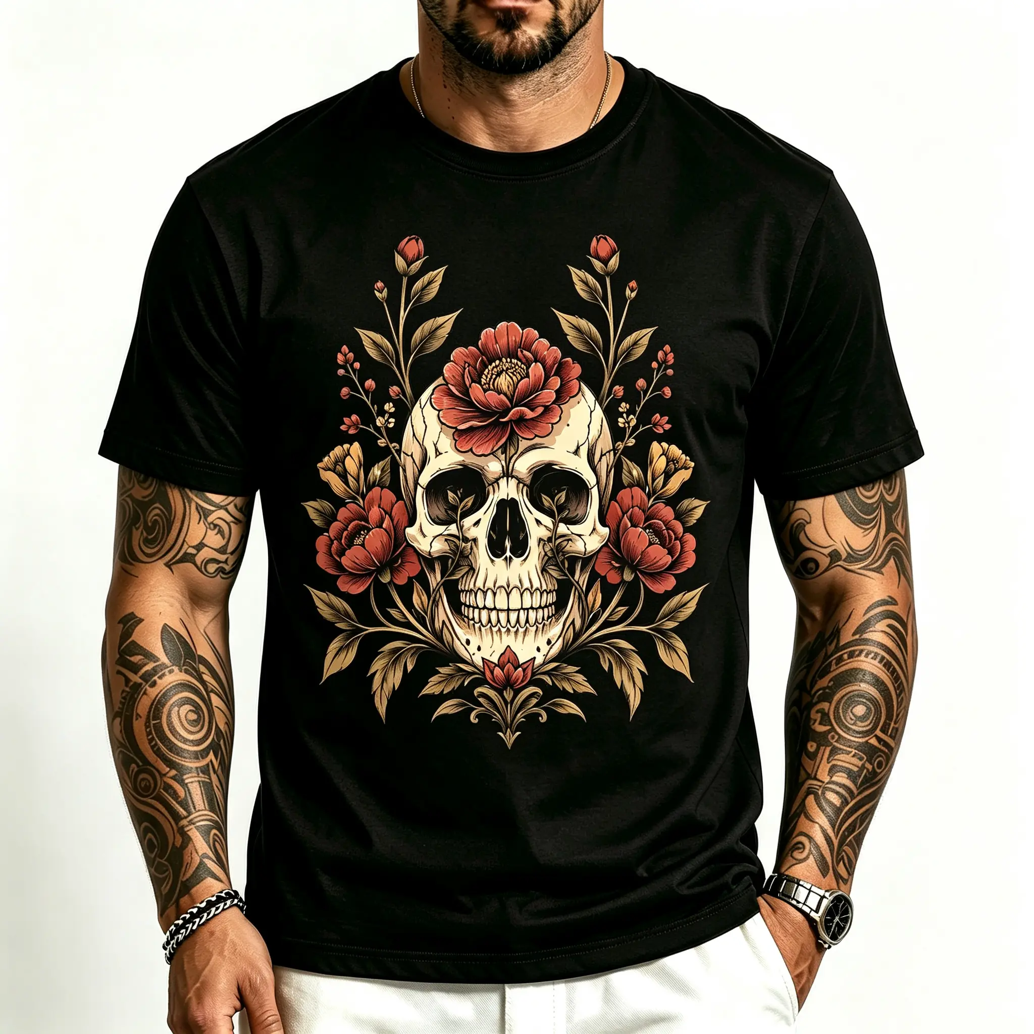 100% Cotton Vintage Floral Skull Graphic T-Shirt for Men, Gothic Flower Skull Tee, Retro Tattoo Inspired Streetwear Short Sleeve Crew Neck, Casual Summer Concert Festival Everyday Shirt campingessentials