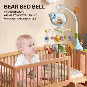 Baby Crib Mobile with Night Light & Projector, 360° Rotating Sensory Musical Mobile with Remote Control, Detachable Teether Toys, Anti-Slip Crib Bracket, Penguin Bear Light-Up Bed Bell for Newborn Infants Boys Girls
