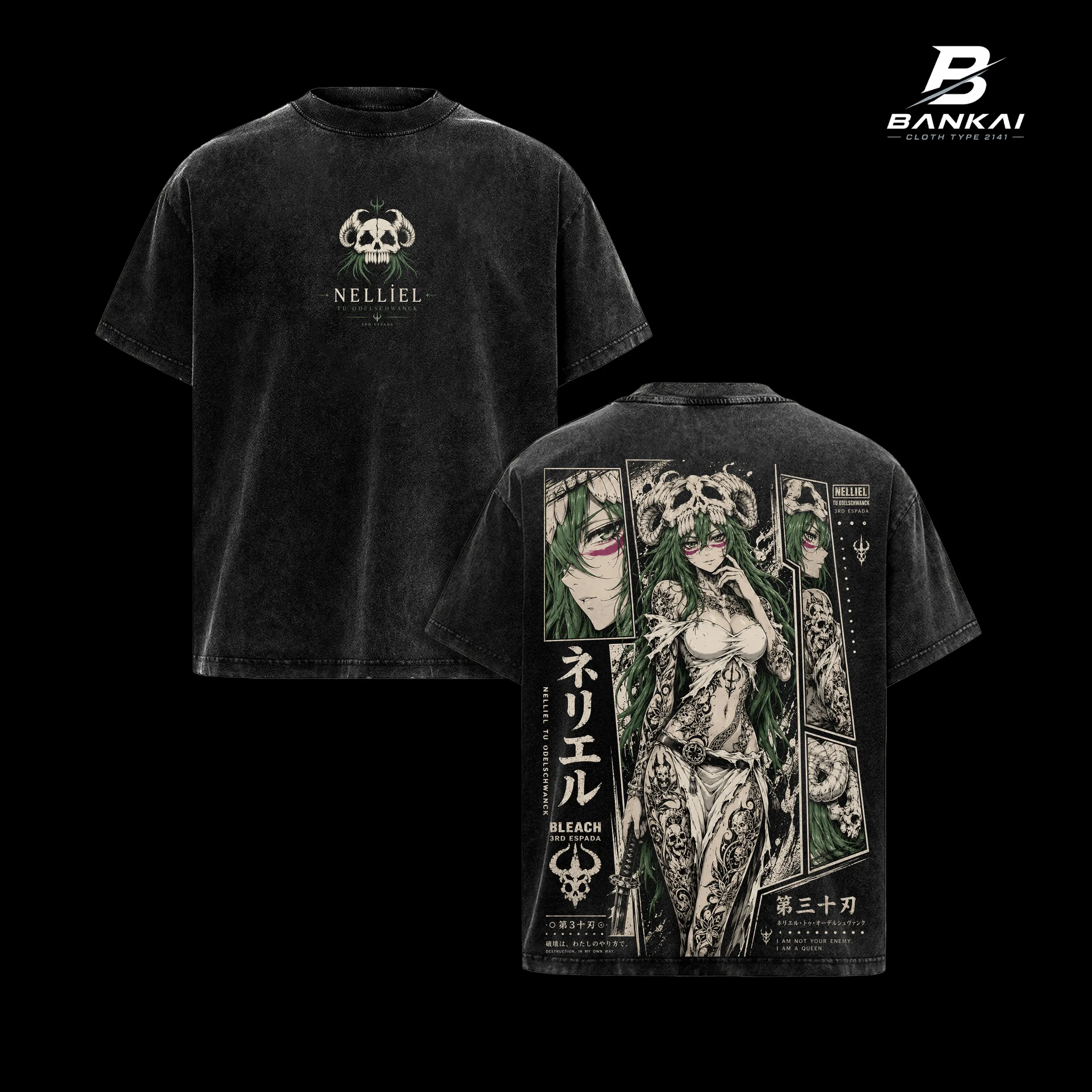 Bleach Nelliel Dark Anime Graphic T-Shirt, Premium Vintage Washed Streetwear Tee, 3rd Espada Arrancar Queen Artwork, Hollow Skull Symbol, Green Aura Manga Illustration, Japanese Style Heavy Cotton Unisex Anime Shirt