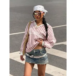 TikTokShopBlackFriday Women's Oversized Tees Striped Letter Print Y2k Jersey T Shirt Collar V Neck Long Sleeve Loose Tops