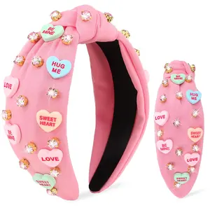 Valentines Day Headbands for Women Love Sweet Heart Headband Pink Rhinestone Knotted Headband for Women Valentine Day Decorations Fashion Headband Hair Accessories