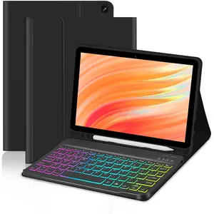 Tablet Case with Keyboard for  Kindle Fire  10&10 Plus 11/13th Gen 10.1 inch,7 Color Rainbow Backlit Detachable Keyboard  Cover with Pen Slot  10 2021&2023 Black+Black