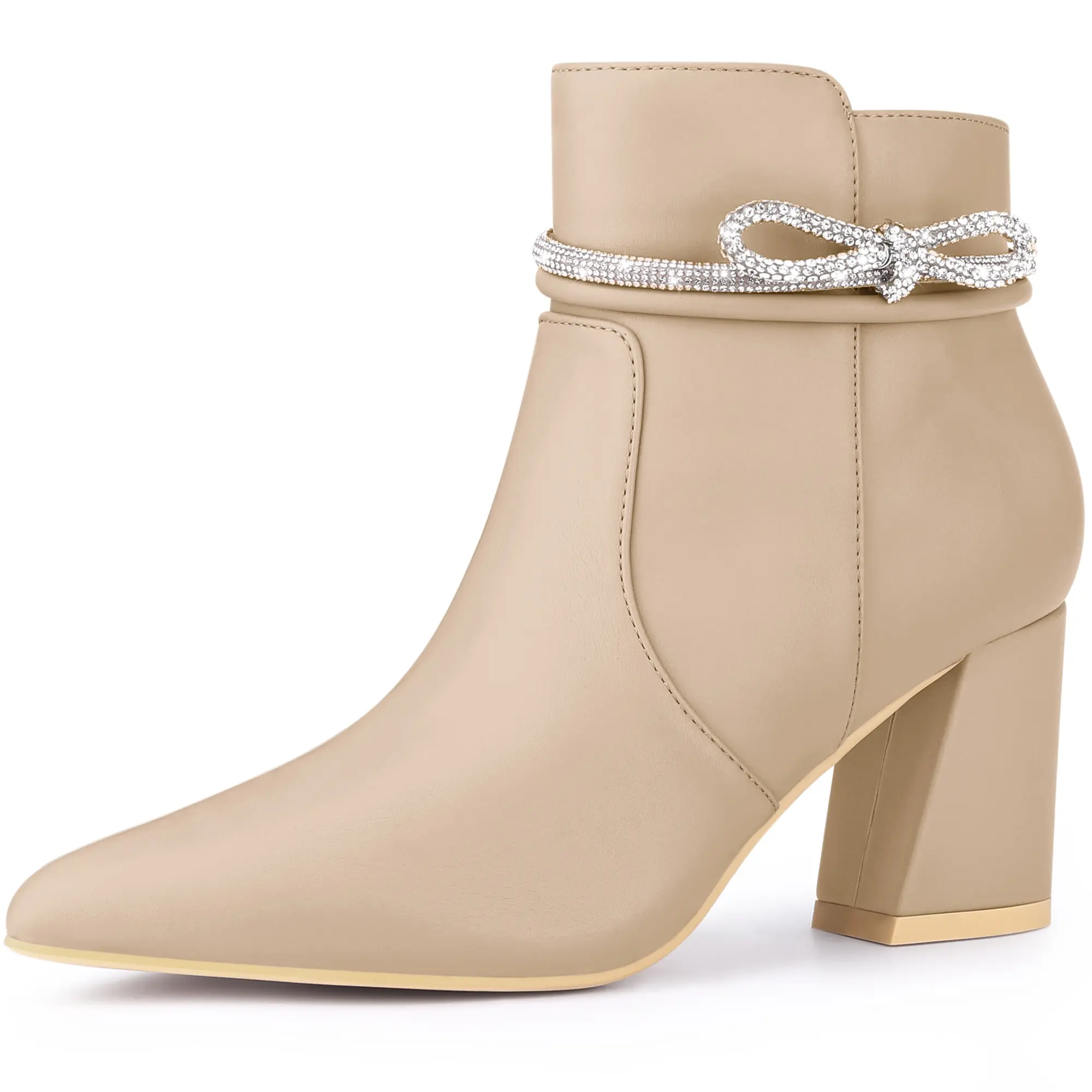 BLISSFUL STEP Women's Rhinestone Bow Booties Pointed Toe Chunky Heel Ankle Boots
