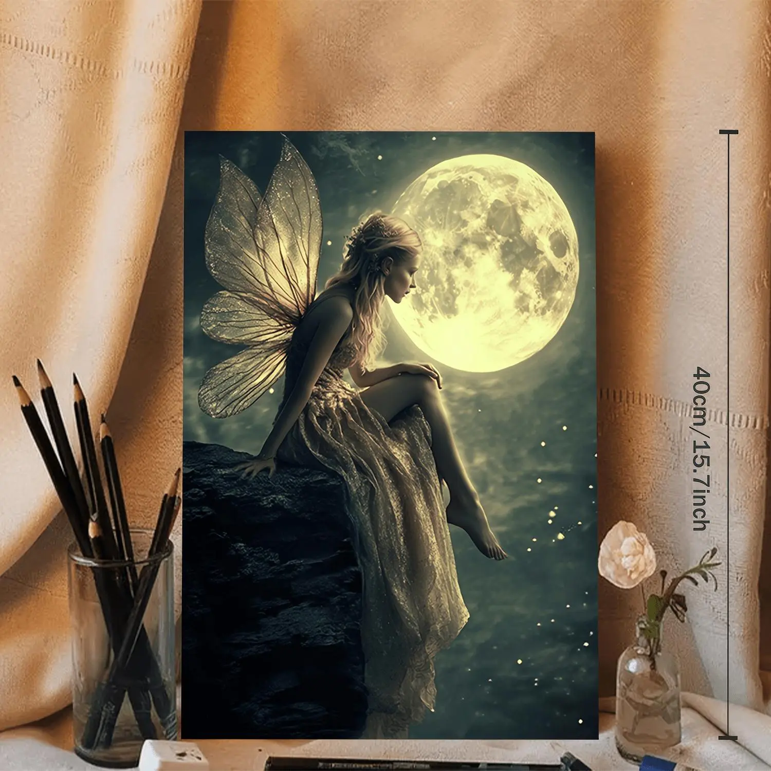 Enchanted Fairy Canvas Art with Wooden Frame, Vintage-Style Wall Decor Featuring a Fairy Sitting on the Edge of a Cliff Under a Full Moon, Perfect for Bedroom, Living Room, Bathroom & Kitchen