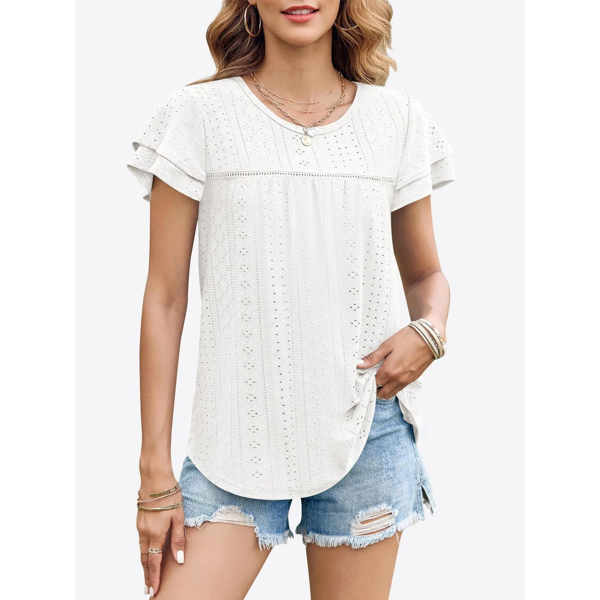 Women's 2025 Summer Babydoll Top - Crewneck, Eyelet Ruffle, Short-Sleeve Blouse, Casual Clothes, Girly Aesthetic, Lightweight Soft Knitted Fabric, S-2XL