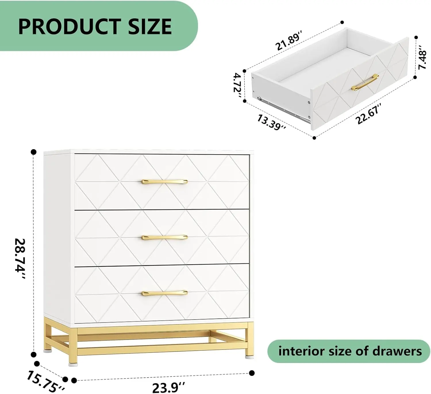 Dresser for Bedroom with 3 Drawer, Modern Dressers Chest of Drawers, with Wide Drawers and Metal Handles, Wood Dressers