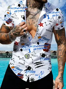 Print Short Sleeve Shirt for Men, Science Theme Graffiti Design, Lapel Casual Trendy Shirt, Summer Fashion Men's Top