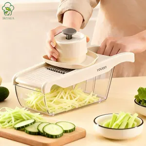 6-in-1 Mandoline Slicer for Kitchen, Food-Grade Veggie Cutter with Transparent Drainage Basket, Stainless Steel Blades, BPA-Free, Non-Slip, White Plastic or Stainless Steel Options (White) gadget portable