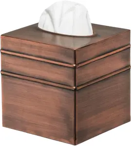 Handcrafted Tissue Box Cover Square, Border Embossed Antique Copper Tissue Holder for Bathroom, Square Metal Dresser Accessories, Decorative Tissue Box Holder, Antique Copper Finish