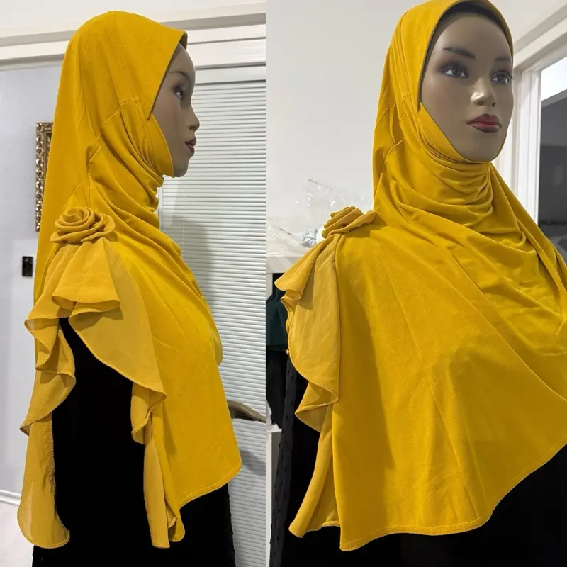 Ginger yellow Rosette Grace Instant jersey Hijab with chiffon 3D Rose Accent shoulder panel