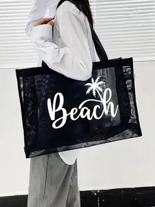 Large Capacity Beach Coconut Tree Letter Print Mesh Bag, Foldable Waterproof Sandproof Swimming Beach Bag, Women's Shoulder Bag, Gift Bag