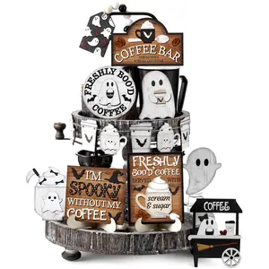 Halloween Layered Tray Decor Set, Wooden Ghost Signs & Beaded Garland, Farmhouse Rustic Home Table Party Supplies, Home Decor Gift