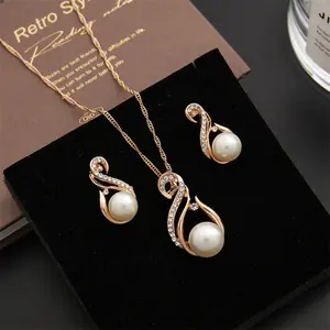 Fashion Pearl Rhinestone Hollow Water Drop Pendant Necklace + Earrings Two-Piece Jewelry Set colorful mens chain breathing name vintage charm hypoallergenic clavicle dainty morse code anxiety twist rope monogram gemstone prayer chic retro locking memory