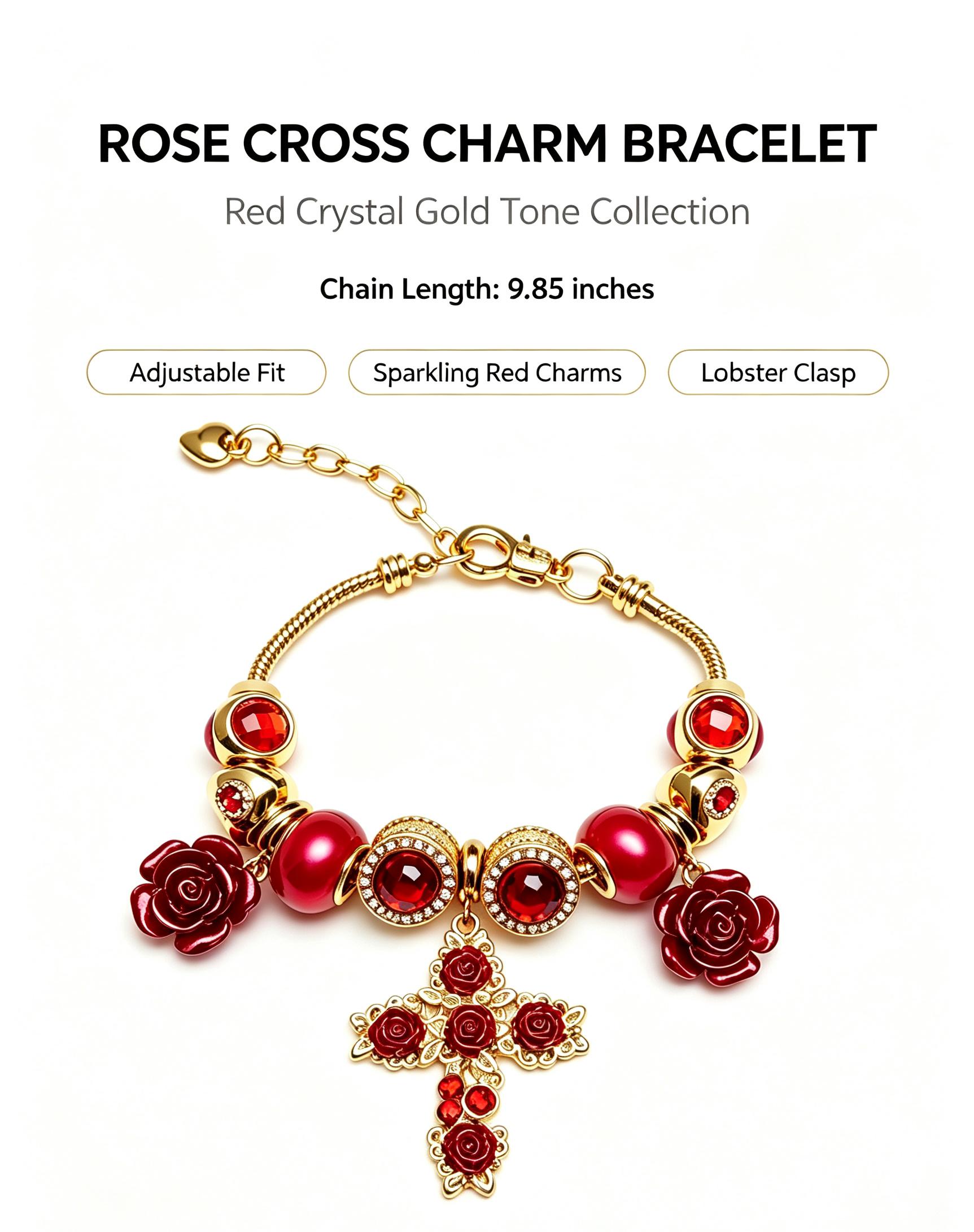 Vintage Red Rose & Cross Charm Bracelet, Gold Snake Chain with Rhinestone Pendant, Elegant Romantic Fashion Jewelry