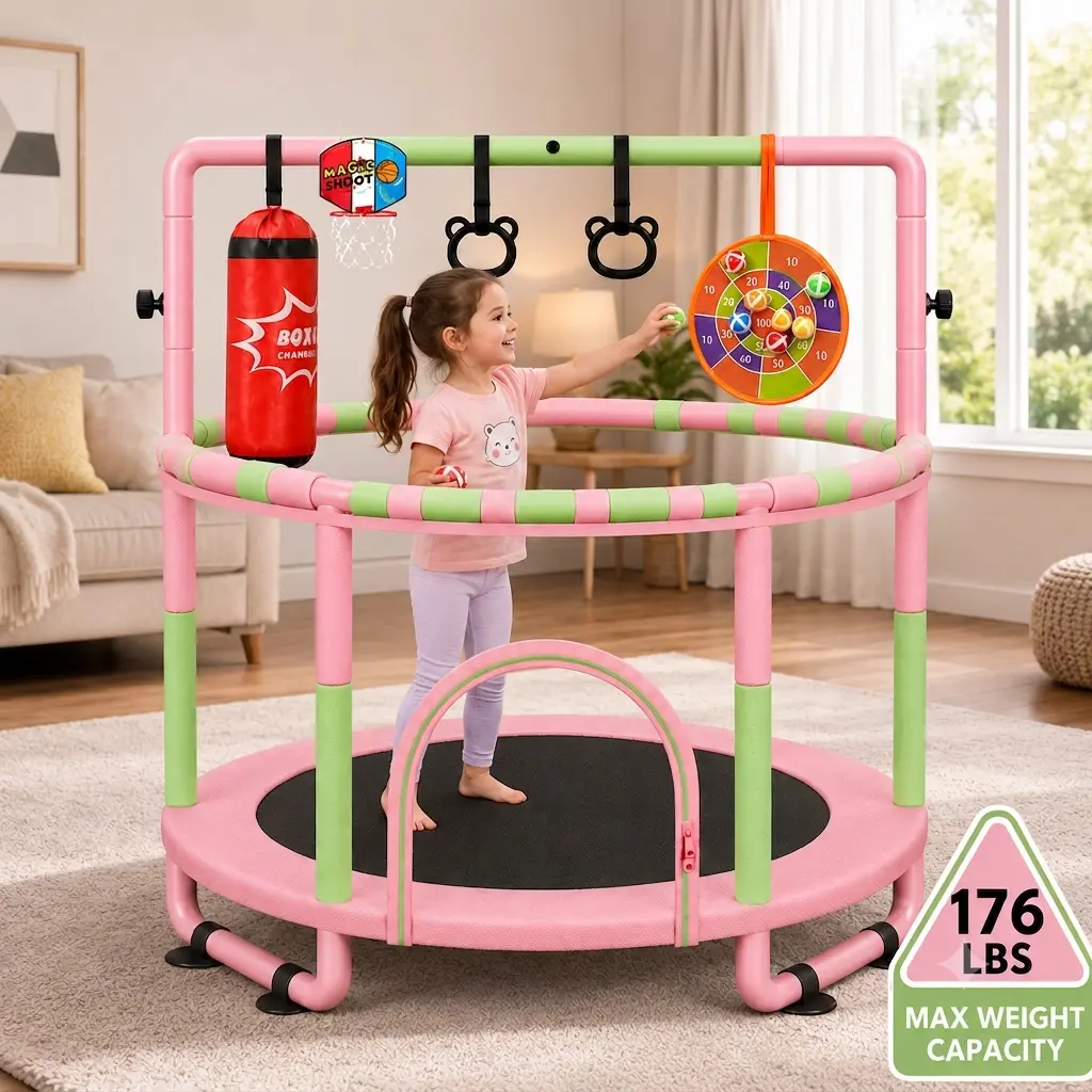 【Dartboard】Yohood 55" Trampoline for Kids with Enclosure, 6-in-1 Toddler Trampoline Indoor Outdoor, Upgrade Full Anti-Rust Tube with Adjustable Gymnastics Bars for Boys Girls