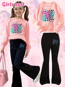 Girls Kpop Demon Hunters Set, Fall & Winter Comfort Fashion, Hoodie and Flared Bell Bottoms, Cartoon Print Sports Wear, Perfect Christmas Gift