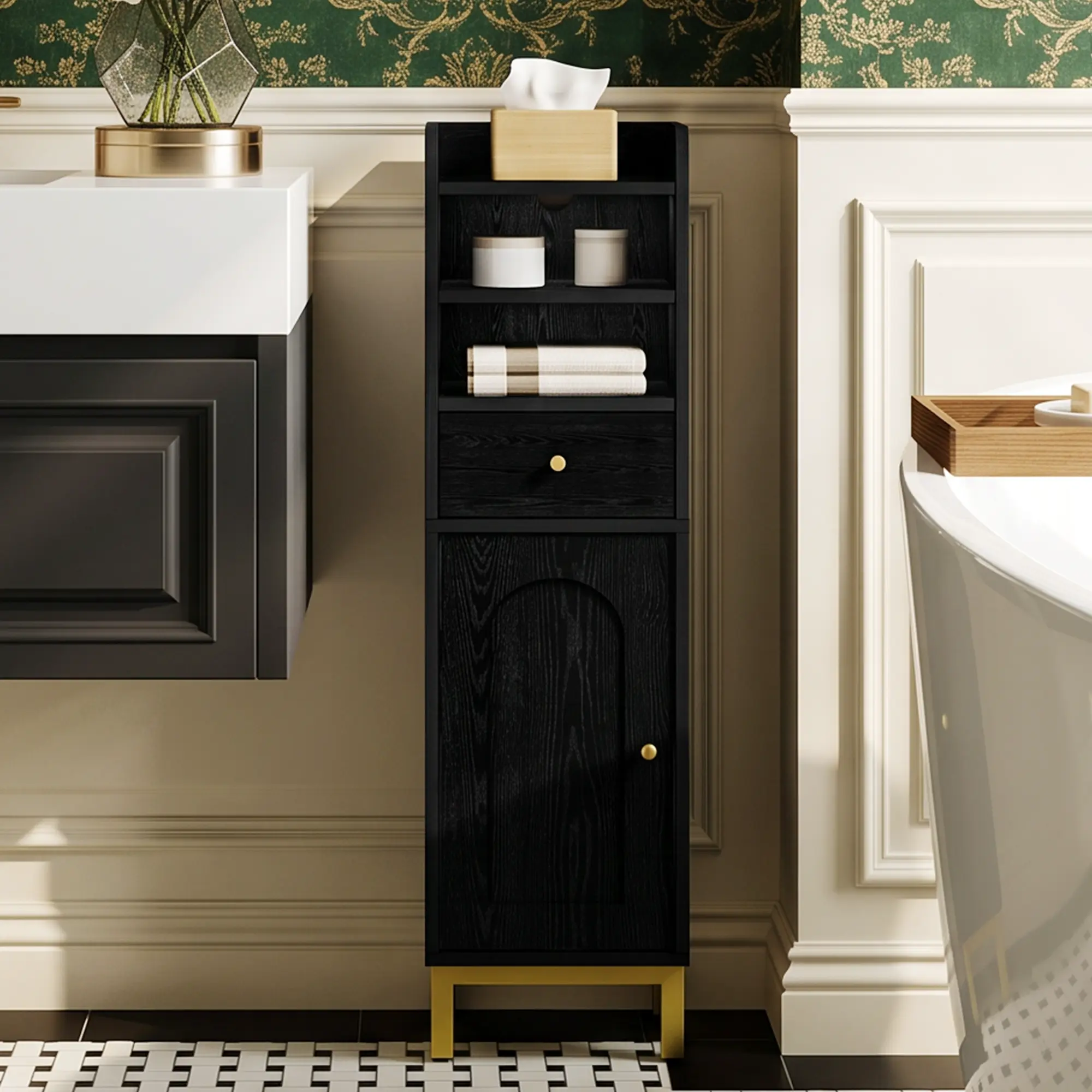 Hzuaneri Modern Bathroom Storage Cabinet - Corner Floor Cabinet with Drawers, Doors, Narrow Toilet Paper Holder, Adjustable Shelf, for Small Spaces, Bathroom Upgrade, Convenient Installation, Easy-to-Understand Assembly Instructions, Modern Storage Cabine