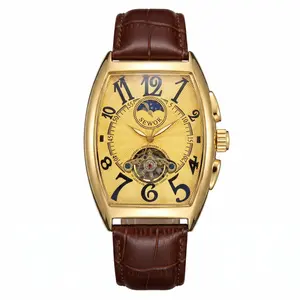 Men's Automatic Watch Tonneau Shaped Gold Case, Luxury Self-Winding Mechanical Wrist Watch with Sun Moon Phase, Open Heart Flywheel Vintage Leather Band Men's Watch