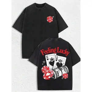 Retro "Feeling Lucky - Casino Elements" Graphic Tee: Featuring Distressed Vintage Finish, Front Mini Red Dice Print, Back Bold "Feeling Lucky" Letter Print In Red, Artistic Illustration Of King & Queen Poker Cards,  Casino Chips, And Rolled Dollar Bills