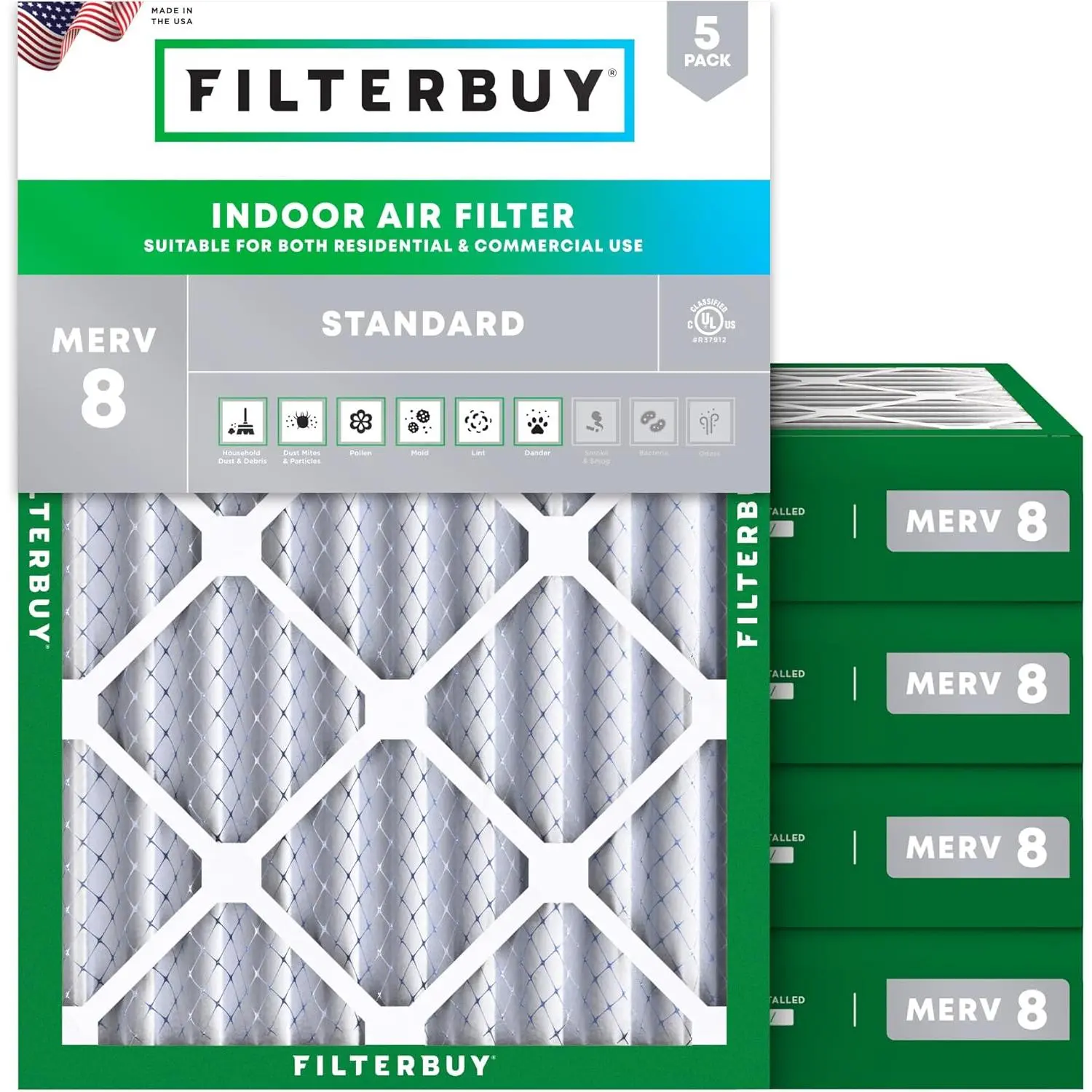Filterbuy 18x22x4 HVAC AC Furnace Heat Pump Air Filter (5-Pack) - Pleated MERV 8 MERV Rating Dust Defense Filters (Actual Size: 17.50x21.50x3.75 In)