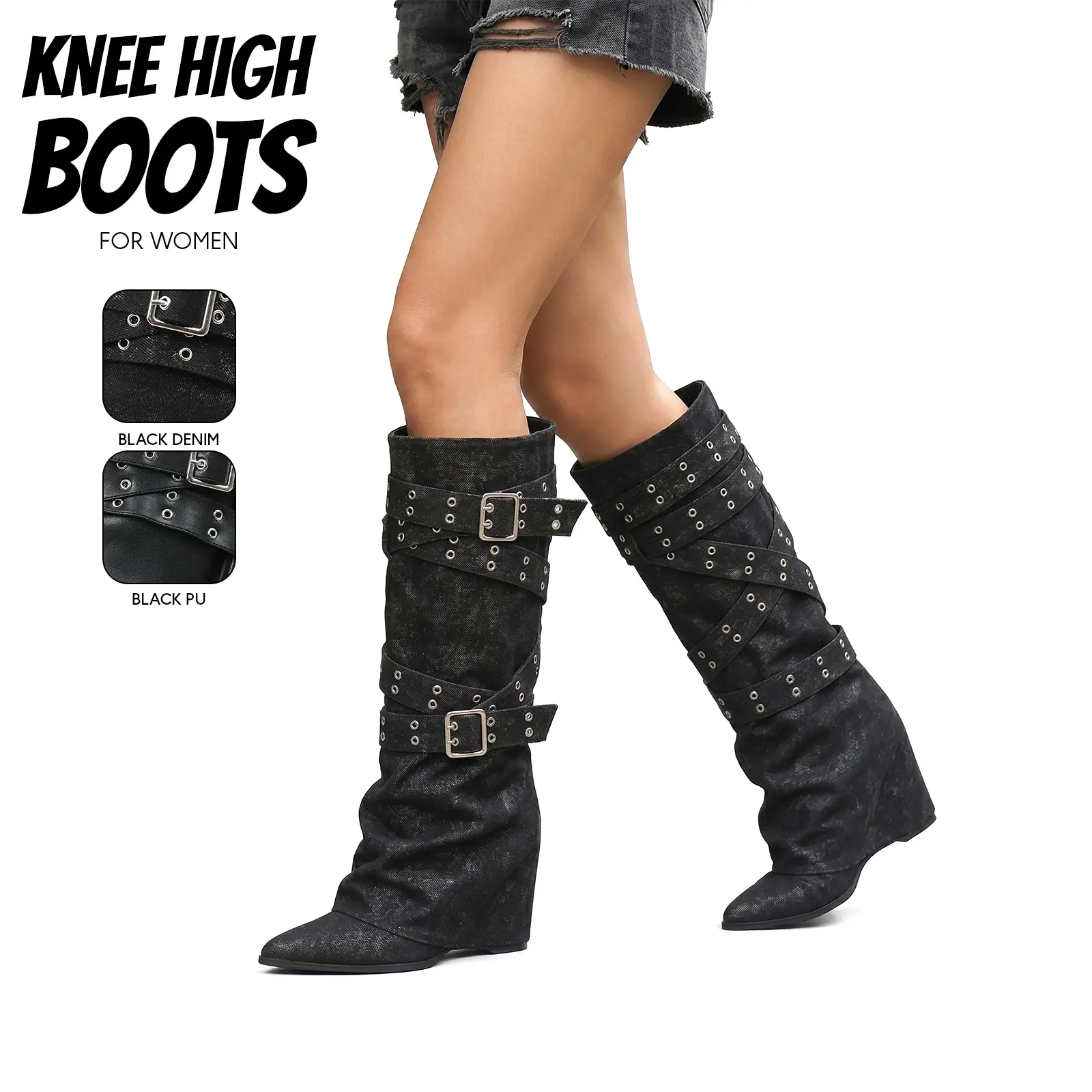 Knee High Boots for Women Slouchy Fold Over Boots Pointed Toe Hidden Wedge Heel Buckle Strap Punk Gothic Boots Easy Pull On Y2K Streetwear Cozy Fashion Riding Concert Party Shoe