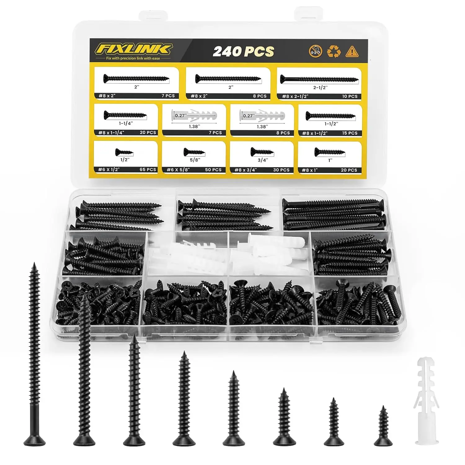 FIXLINK 240-Piece Wood Screws Assortment Kit, Black Flat Head Phillips Screws with Anchors