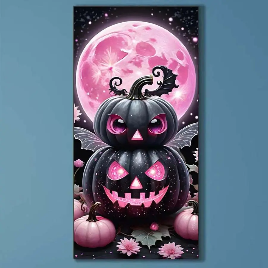 5D DIY Round Diamond Painting, DIY Diamond Arts - Diamond Art Painting Kit Pink Moon, Pumpkin, Bat Mosaic, Canvas - Home Wall Decor, For Halloween, Christmas, Birthday Gifts